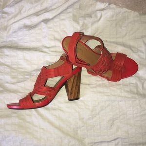 Orange woven leather open toe heels (Clark’s)